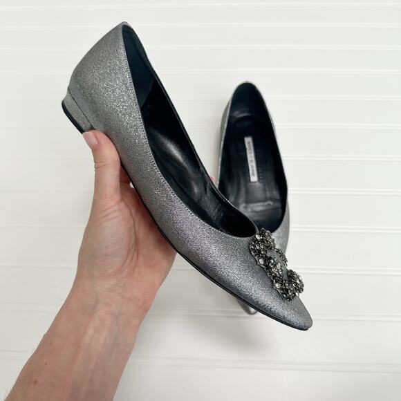 Manolo Blahnik Hangisi Silver Glitter Crystal Buckle Flats Metallic Ballerina - Picture 4 of 9